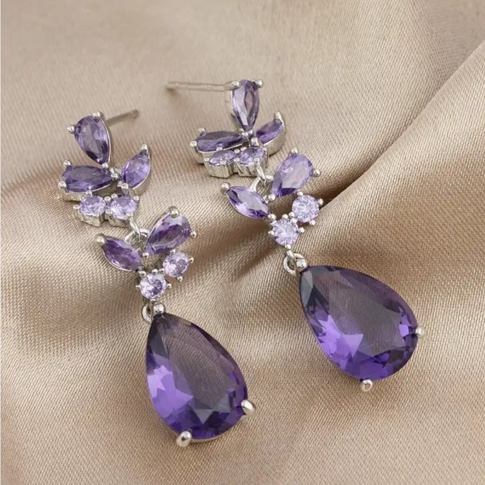 Amethyst and Zircon Silver Plated Pear Shape Dangling Earrings - Picture 2 of 12